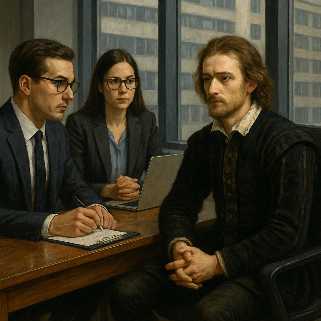 Hamlet dressed in Renaissance attire sitting in a modern job interview, facing two corporate professionals in an office.