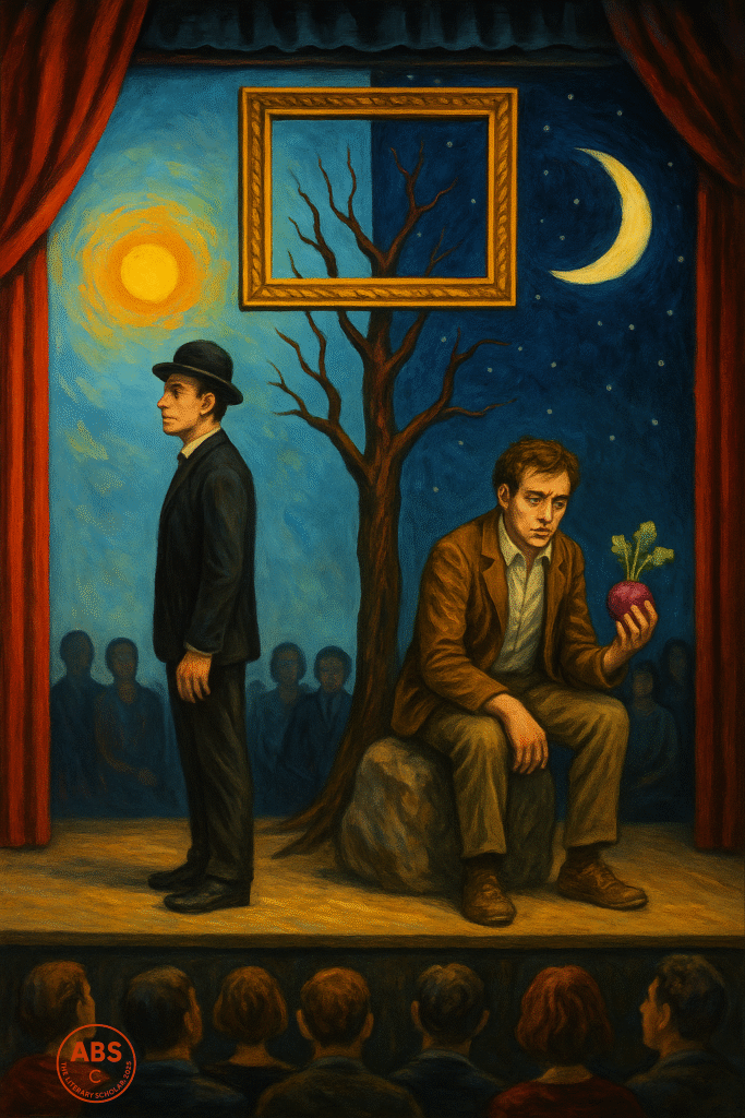 Surreal stage scene with two actors split between day and night, one staring at the sun, the other holding a turnip under moonlight, beside a barren tree and floating picture frame.