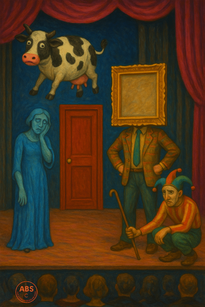 Colorful surreal stage performance with a floating cow, a figure with a frame for a head, a jester crouching with a cane, and a blue woman beside a red door—all set against deep curtains.