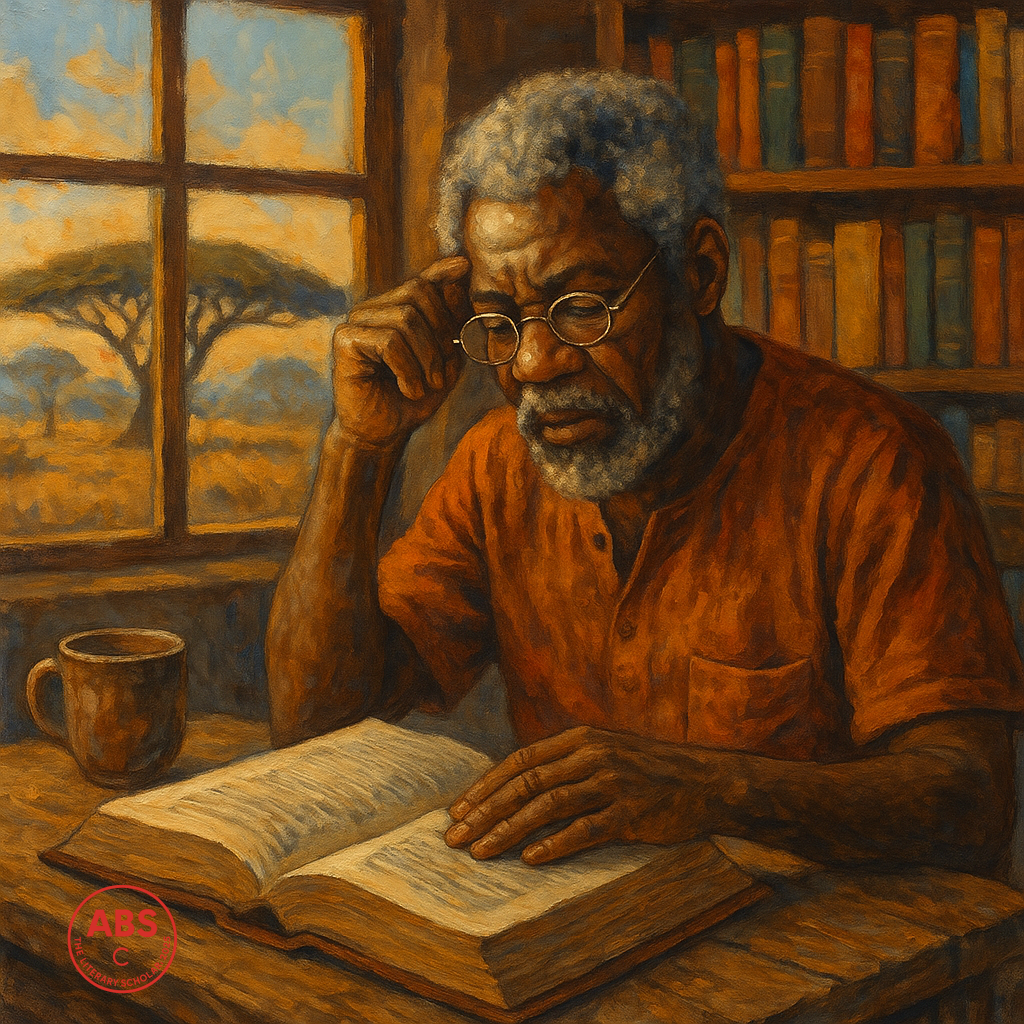 Alt Text: An elderly African man with grey hair and glasses reads a large book by the window, with an African savannah visible in the background.