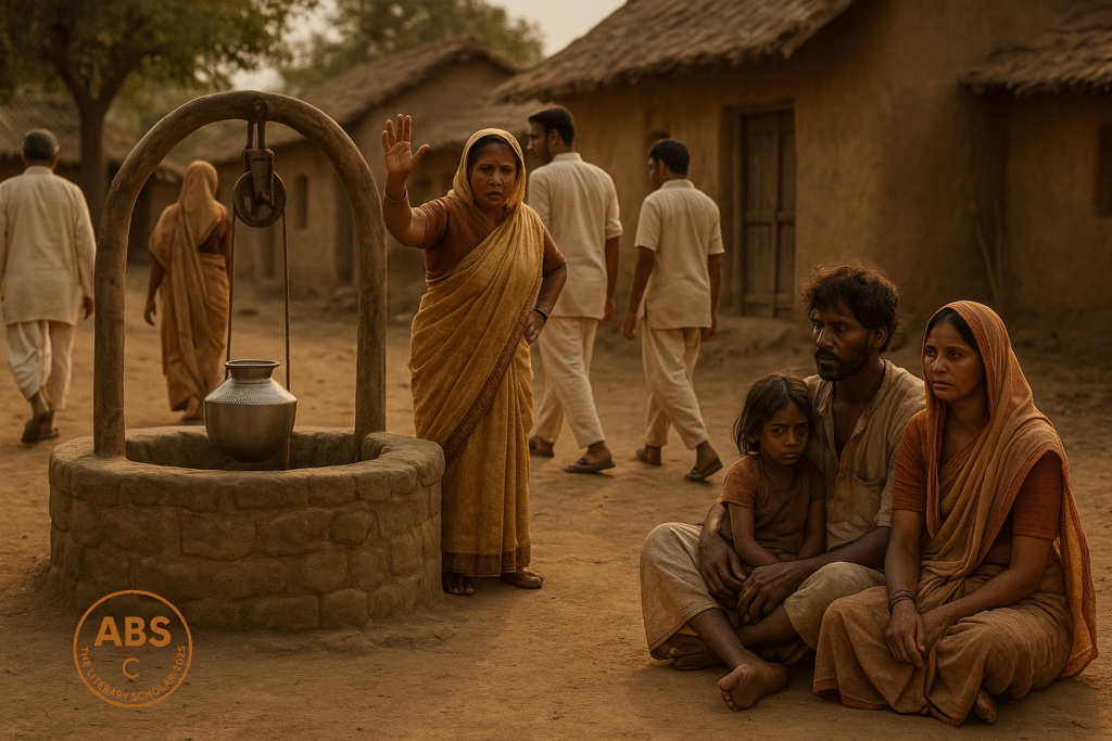 An Indian Dalit family sits near a village well while an upper-caste woman forbids them from drawing water; other villagers walk away in silence.