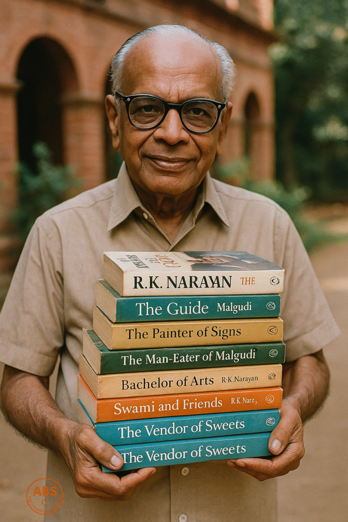 R.K. Narayan stands smiling outdoors in front of a red-brick building, holding a stack of his books including The Guide, Swami and Friends, The Vendor of Sweets, The Man-Eater of Malgudi, The Painter of Signs, and Bachelor of Arts. He wears glasses and a beige shirt, exuding quiet pride amid greenery.