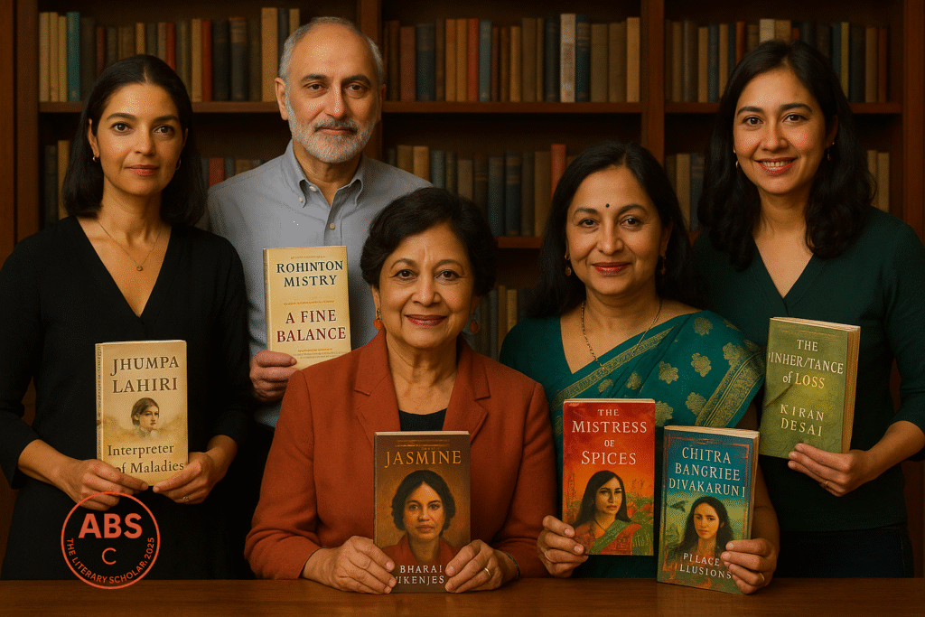 Jhumpa Lahiri, Rohinton Mistry, Bharati Mukherjee, Chitra Banerjee Divakaruni, and Kiran Desai stand and sit together before a bookshelf, each holding their signature book including Interpreter of Maladies, A Fine Balance, Jasmine, The Mistress of Spices, Palace of Illusions, and The Inheritance of Loss.