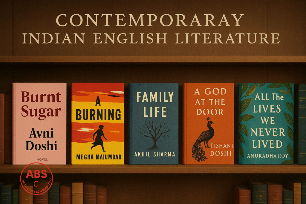A wooden bookshelf labeled “Contemporary Indian English Literature” displays novels including Burnt Sugar by Avni Doshi, A Burning by Megha Majumdar, Family Life by Akhil Sharma, A God at the Door by Tishani Doshi, and All the Lives We Never Lived by Anuradha Roy.