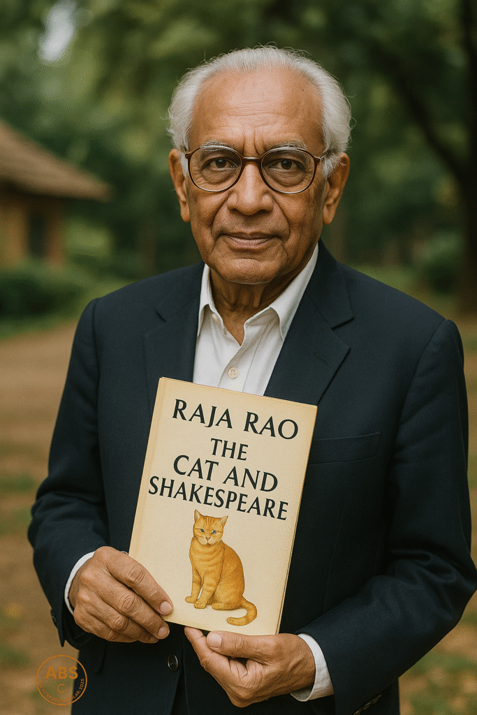 Indian author Raja Rao sits at a writing desk in a sunlit study, wearing a traditional kurta, gently holding a copy of The Cat and Shakespeare beside a small brass Ganesha statue and a stack of philosophical books.