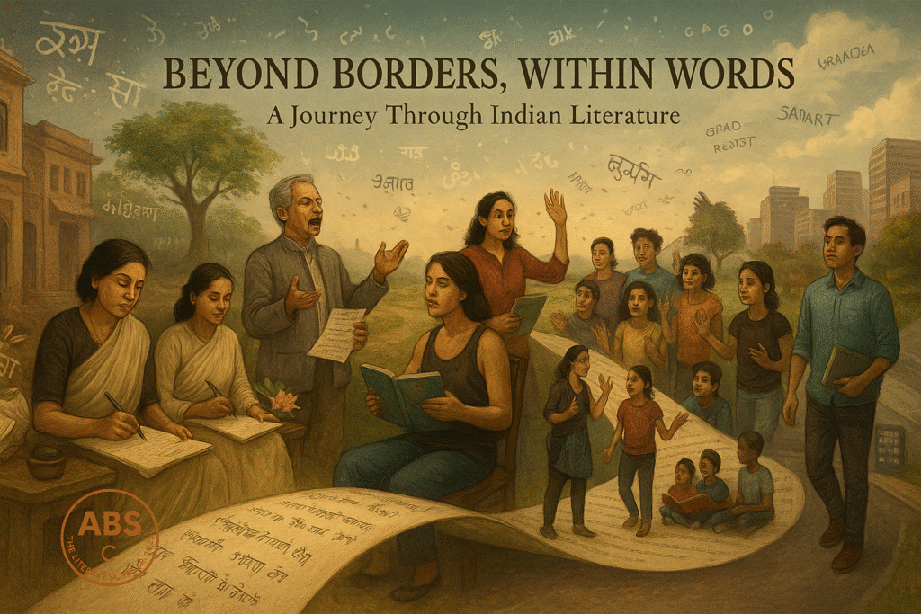 A panoramic scene showing Indian writers from different eras and regions — including women in saris writing on scrolls, a male speaker holding a manuscript, a modern writer reading aloud to children, and a young man walking with a book — all linked by a flowing scroll inscribed with multi-language texts (Urdu, Hindi, English, Tamil, and Gujarati), set across rural and urban backdrops.