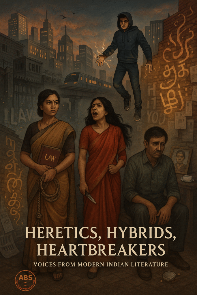 A symbolic urban scene showing a hangwoman with a noose and law book, a poet with a switchblade shouting defiantly, a floating young superhero in a hoodie, and a grieving man beside a framed photo of his mother — all set against a backdrop of South Delhi's skyline, Tamil script, and graffiti-covered walls.