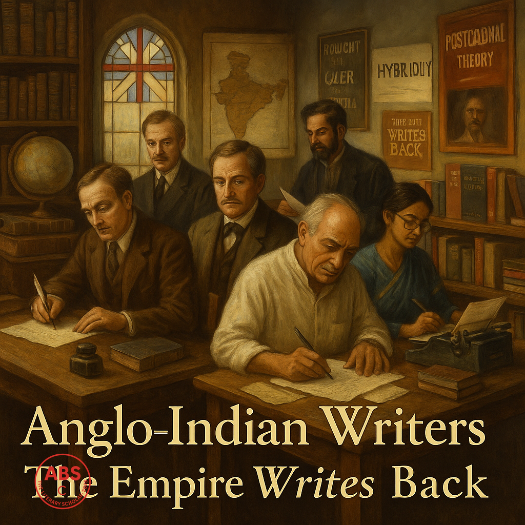 A split-scene oil painting showing British colonial writers like Kipling and Forster writing with quills in a wood-paneled study, while Indian postcolonial writers sit opposite them, surrounded by bookshelves labeled "Postcolonial Theory," "Hybridity," and "The Empire Writes Back," symbolizing resistance and intellectual reclamation.