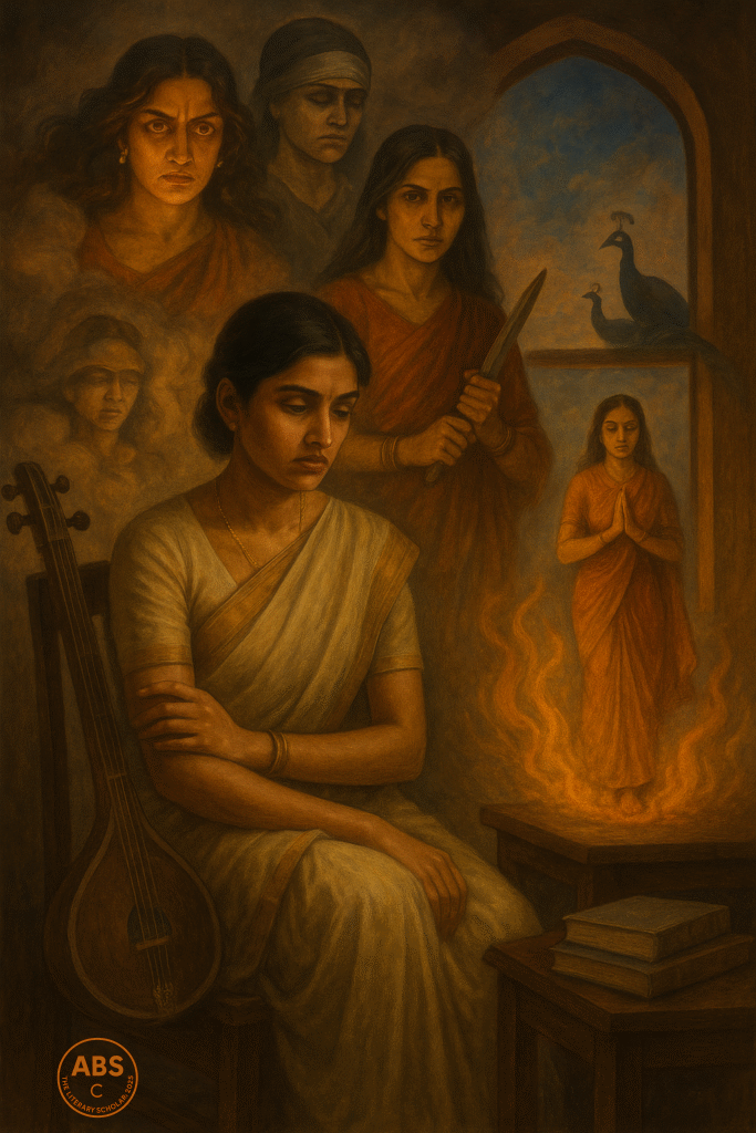 A young Indian woman sits in contemplation beside a veena and books, surrounded by mythological female figures including Sita, Gandhari, Draupadi, Amba, and Damayanti, each emerging from shadows or fire.