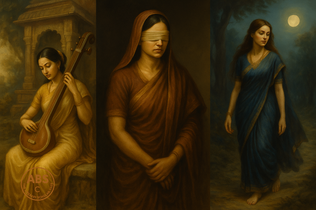 A young Indian woman sits in contemplation beside a veena and books, surrounded by mythological female figures including Sita, Gandhari, Draupadi, Amba, and Damayanti, each emerging from shadows or fire.