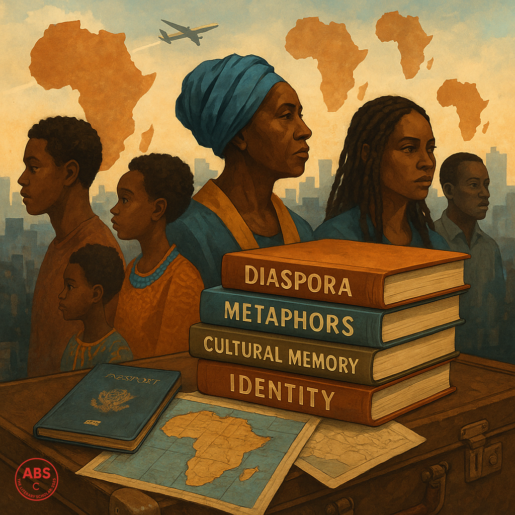 A digital painting depicting African diaspora individuals of various ages in traditional and modern clothing, standing before a faded city skyline. Floating maps of Africa hover above, while a suitcase, passport, and stacked books titled “Diaspora,” “Metaphors,” “Cultural Memory,” and “Identity” sit in the foreground, symbolizing migration and heritage.
