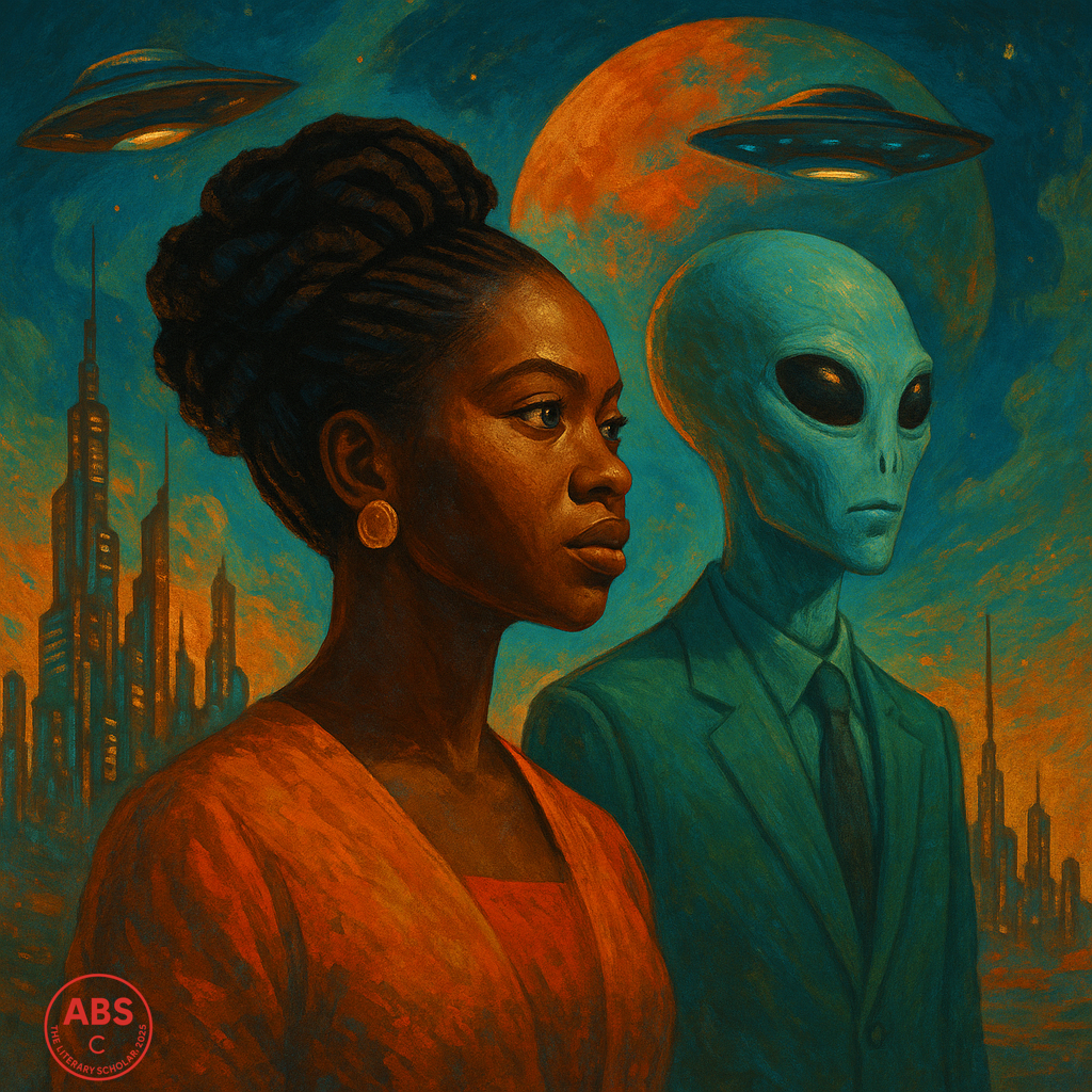 A digital painting of a confident African woman in vibrant traditional dress standing beside a suited extraterrestrial figure, both against a surreal futuristic cityscape with hovering spacecraft and a glowing planet, blending Afrofuturism with cosmic surrealism.