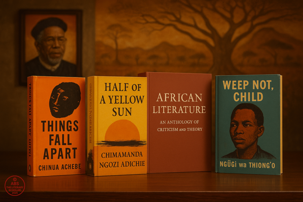 Four prominent African literature books—Things Fall Apart, Half of a Yellow Sun, African Literature: An Anthology of Criticism and Theory, and Weep Not, Child—displayed on a wooden surface with a warm-toned mural and framed portrait of Chinua Achebe in the background.
