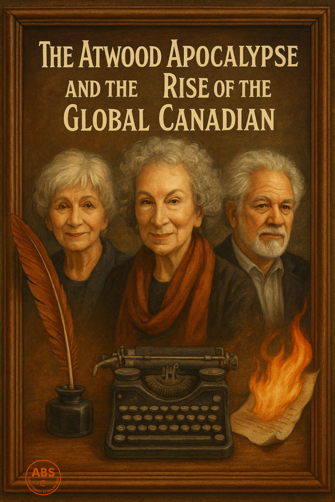 Portrait of Margaret Atwood, Alice Munro, and Michael Ondaatje framed with literary symbols like a quill, typewriter, and burning paper