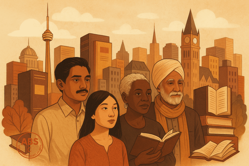 Multicultural Canadian cityscape with diverse individuals reading and iconic landmarks in the background
