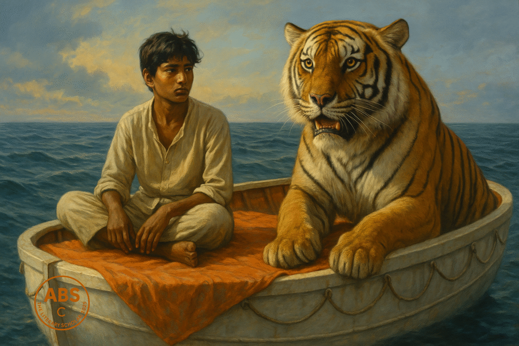 A boy and a Bengal tiger on a lifeboat in the ocean, under a glowing sunset sky