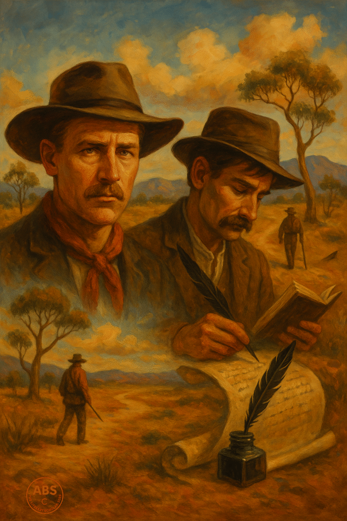 Banjo Paterson and Henry Lawson in a bushland scene, with a swagman and scroll in the Australian outback