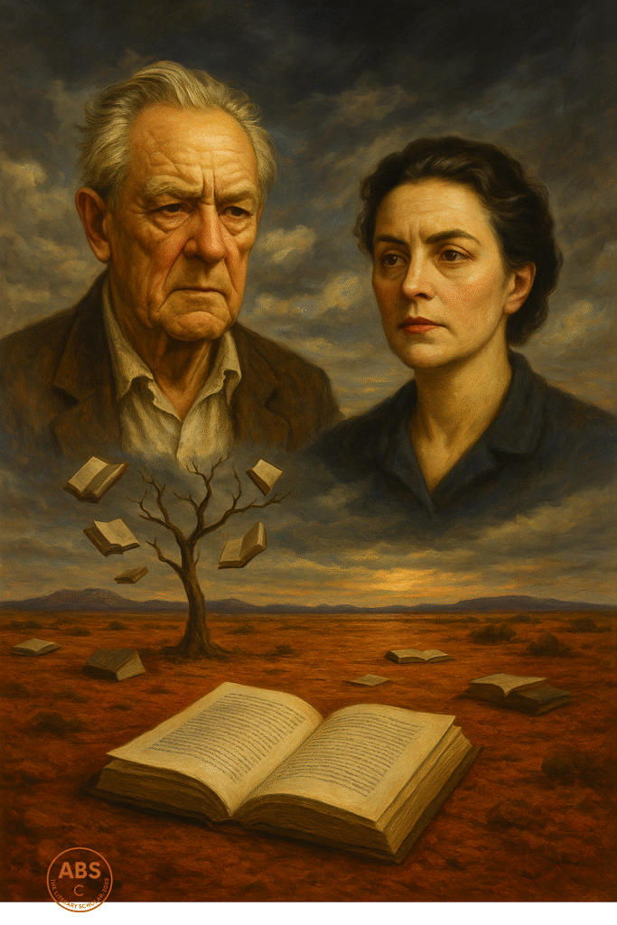 Portraits of Patrick White and Christina Stead with floating books and a dry Australian landscape