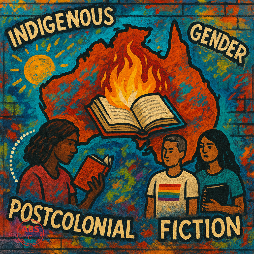 A graffiti-style image of modern Australian literature with diverse figures, a burning book, and a map of Australia