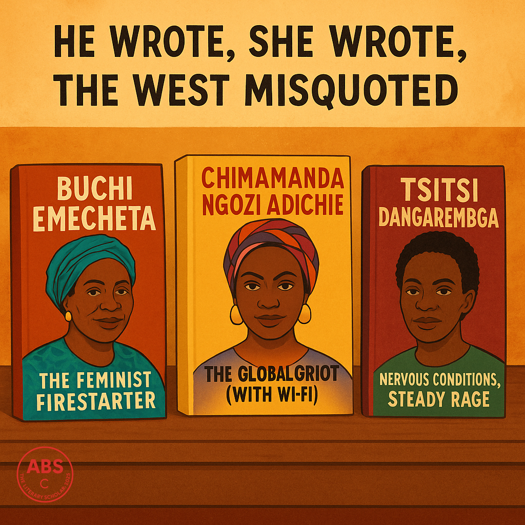 Illustrated book covers of three prominent African female authors—Buchi Emecheta, Chimamanda Ngozi Adichie, and Tsitsi Dangarembga—each labeled with a subtitle describing their impact, beneath a bold headline reading: "He Wrote, She Wrote, The West Misquoted."