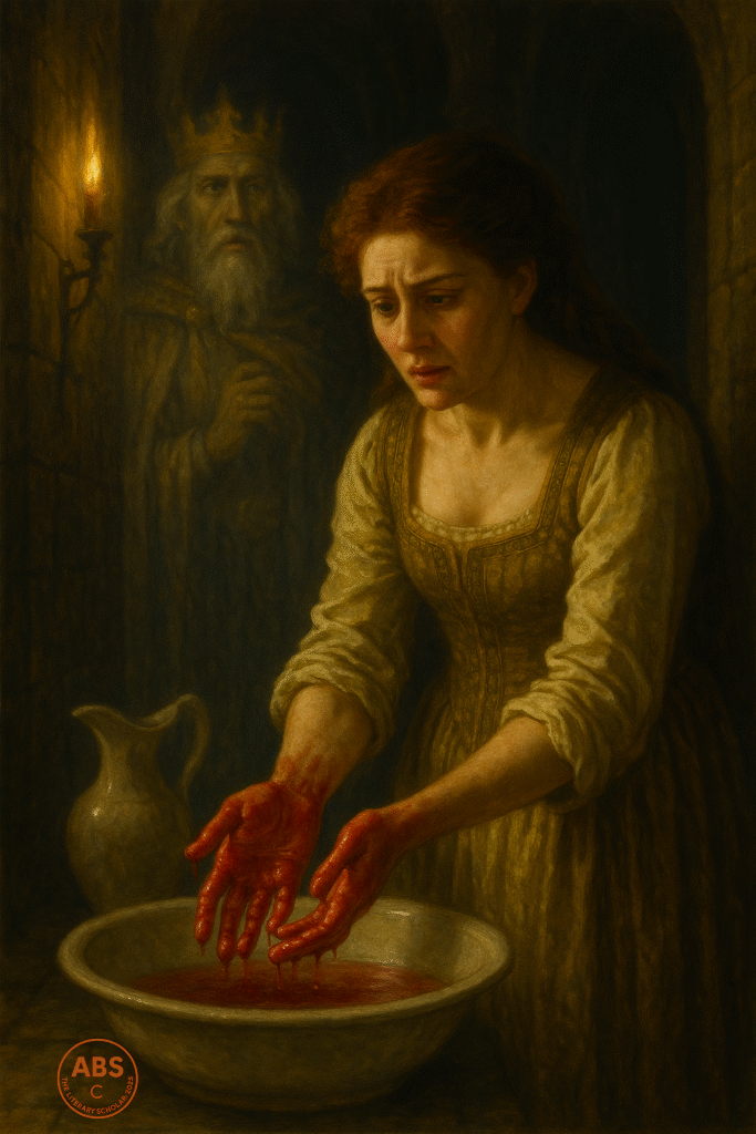 Lady Macbeth, with a tormented expression, washes her blood-covered hands in a basin while the ghost of King Duncan appears faintly in the candlelit corridor behind her.