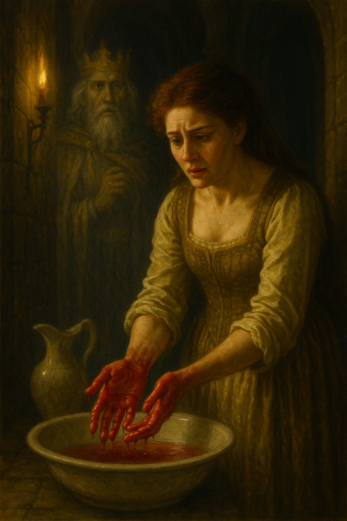 Lady Macbeth, with a tormented expression, washes her blood-covered hands in a basin while the ghost of King Duncan appears faintly in the candlelit corridor behind her.