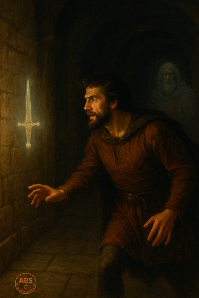 Macbeth, in a medieval tunic, reaches toward a glowing spectral dagger suspended in the air before him as he walks down a shadowy stone corridor.
