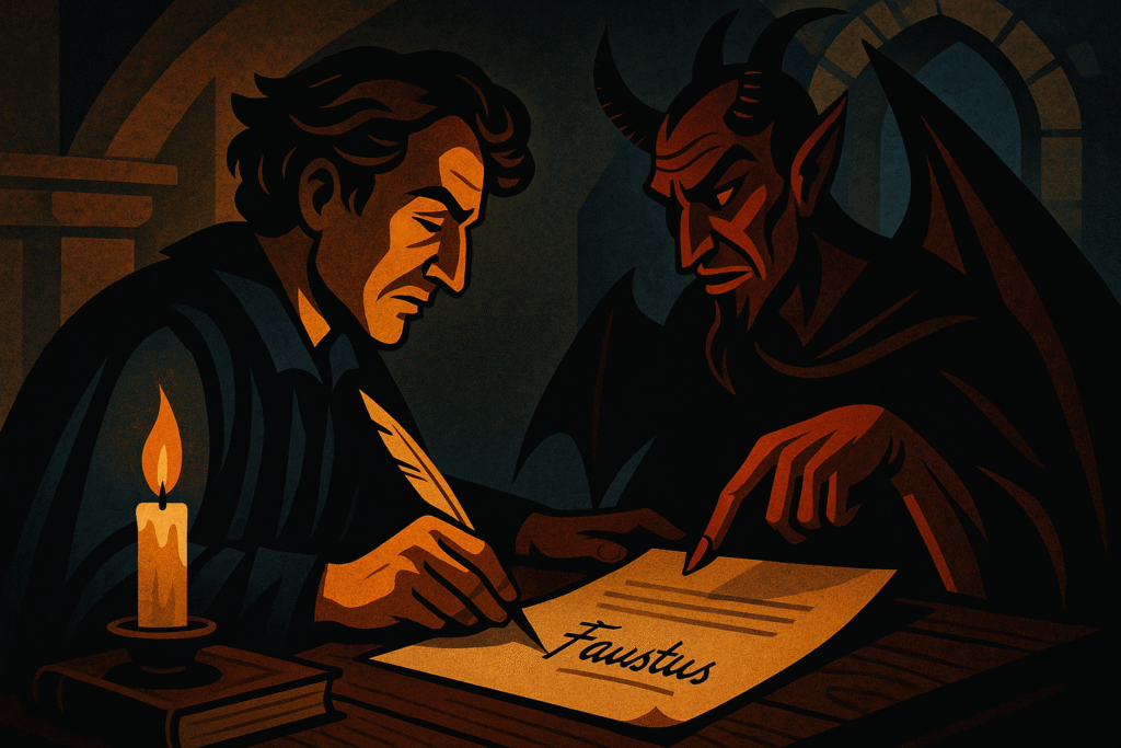 "Illustration of Dr. Faustus nervously signing a contract with Mephistopheles, who grins menacingly beside him, in a dim candle-lit medieval study."