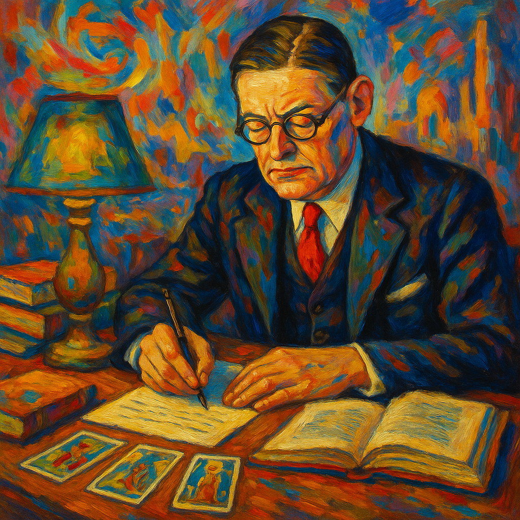 A vibrant painting of T.S. Eliot writing at a wooden desk surrounded by books, manuscripts, tarot cards, and a glowing vintage lamp, with swirling abstract colors in the background.