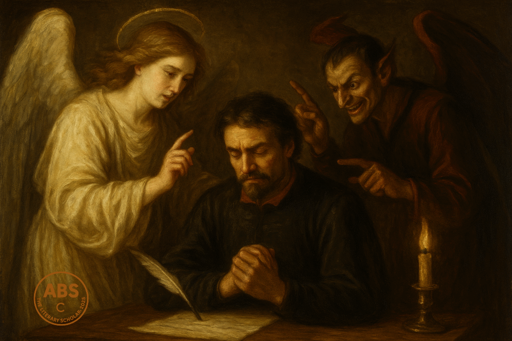 "Stylized image of Dr. Faustus sitting at a table with an open book, flanked by a serene Good Angel and a red-skinned, horned Evil Angel, representing his internal moral conflict."