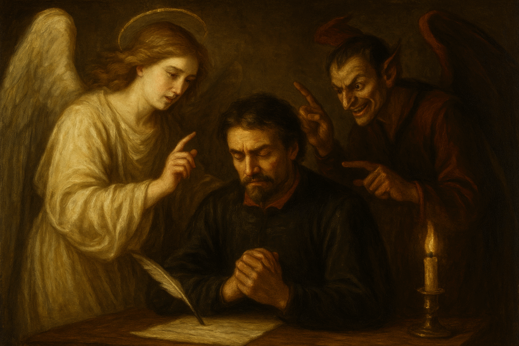 "Stylized image of Dr. Faustus sitting at a table with an open book, flanked by a serene Good Angel and a red-skinned, horned Evil Angel, representing his internal moral conflict."