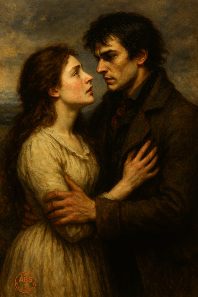 Catherine Earnshaw and Heathcliff in an intense gaze beneath stormy skies, captured in an oil painting style.