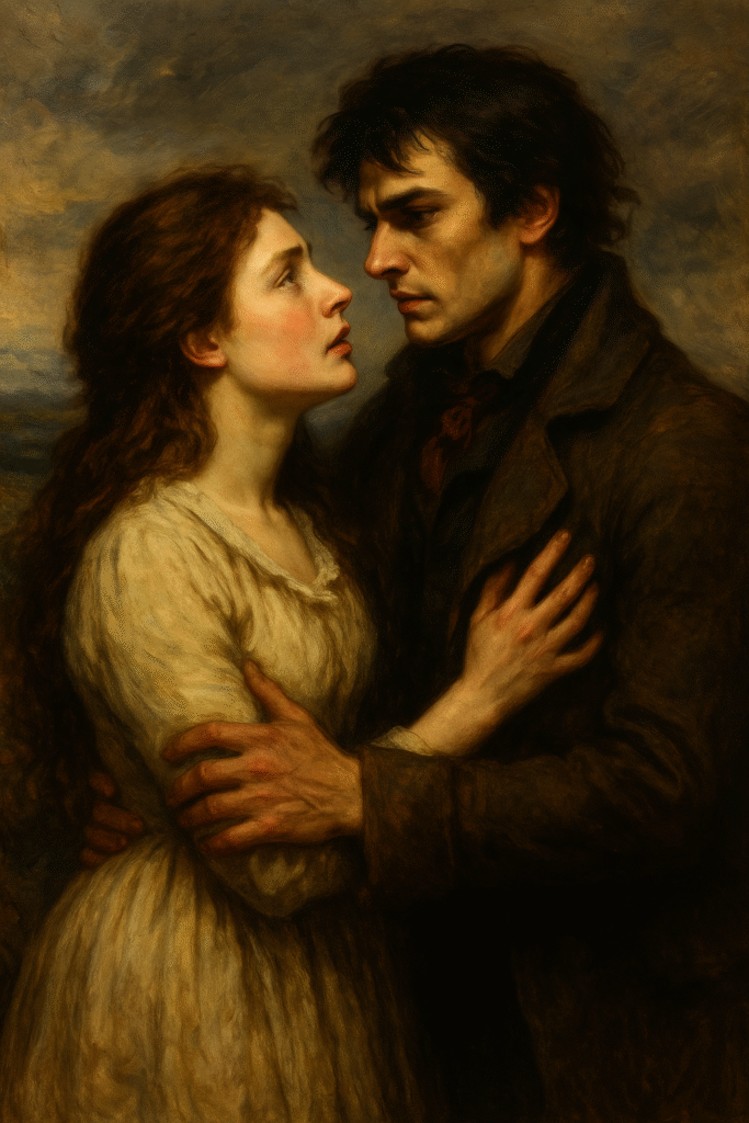 Catherine Earnshaw and Heathcliff in an intense gaze beneath stormy skies, captured in an oil painting style.