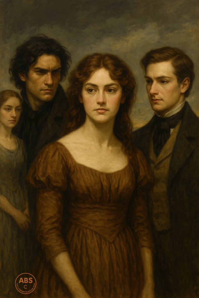 Catherine stands between Heathcliff and Edgar, with Isabella behind Heathcliff, in a dramatic oil painting under a stormy sky.