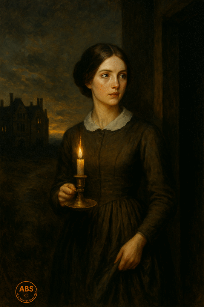 Jane Eyre holding a brass candle, standing between Thornfield Hall and the open moors, captured in Romantic oil painting style.
