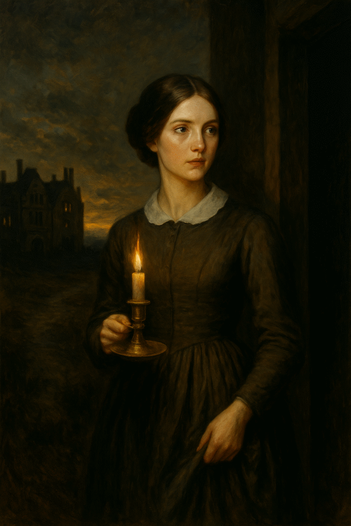 Jane Eyre holding a brass candle, standing between Thornfield Hall and the open moors, captured in Romantic oil painting style.