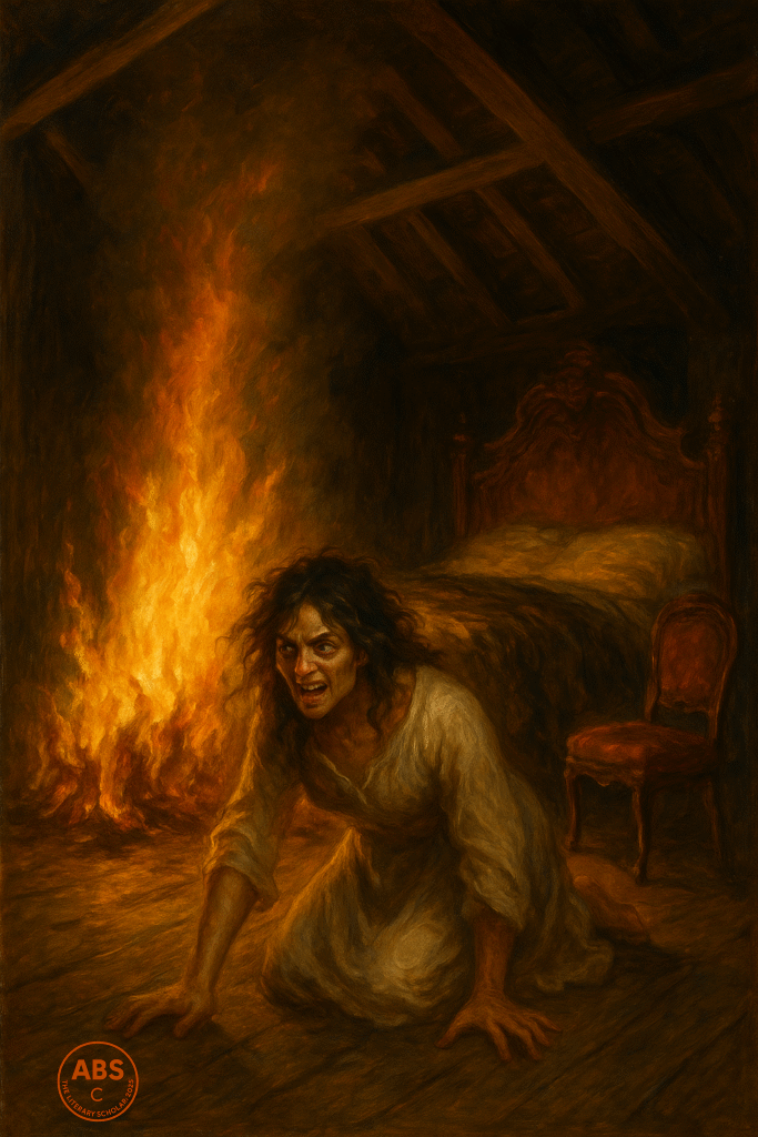 A wild-eyed woman crawls on the attic floor as flames rise behind her, in a dramatic oil painting style.