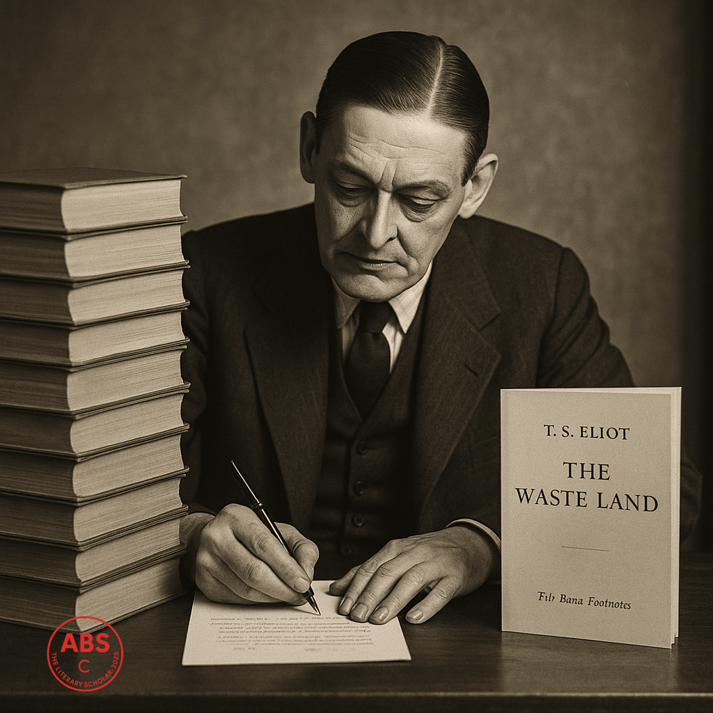 T.S. Eliot sits at a wooden desk, writing footnotes for The Waste Land, with a tall stack of thick, unnamed volumes beside him and a slim copy of the poem on the other side.