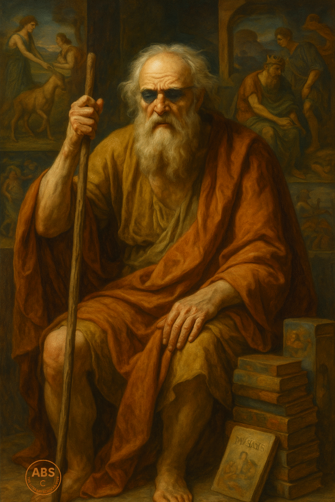 A classical oil painting of the mythological figure Tiresias, depicted as a blind old man with a long white beard and flowing robes, seated with a wooden staff, surrounded by mythological scenes including the Fisher King and Diana in the background.