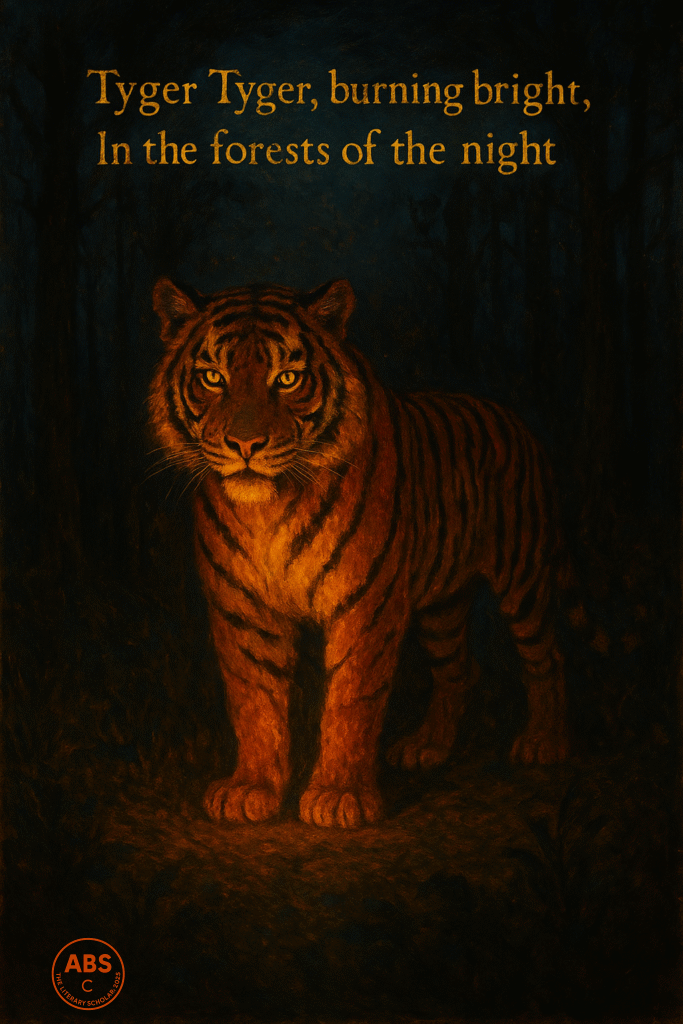 Glowing tiger in a dark forest, illuminated by inner fire and moonlight