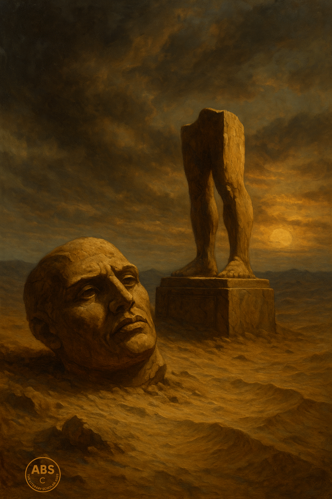 Colossal statue ruins with head and legs scattered in desert twilight