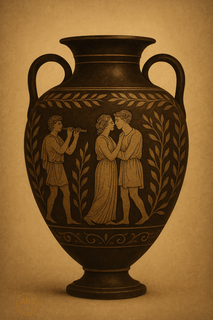 A Grecian urn with etched figures of a piper, lovers, and leaves in classical style