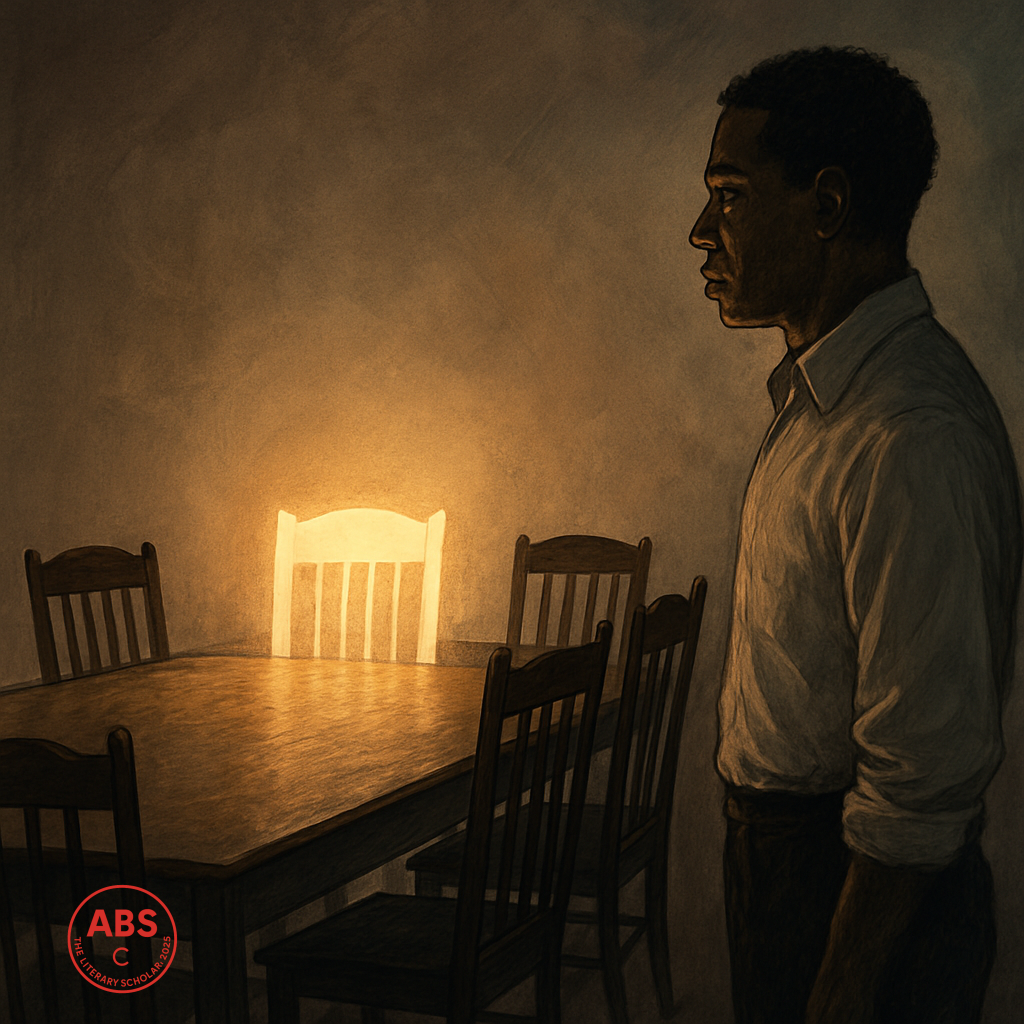 An African American man stands near a glowing empty chair at a dimly lit dining table