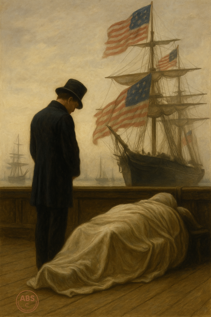A solemn figure stands on the deck of a ship beside a draped body, with flags flying in the background