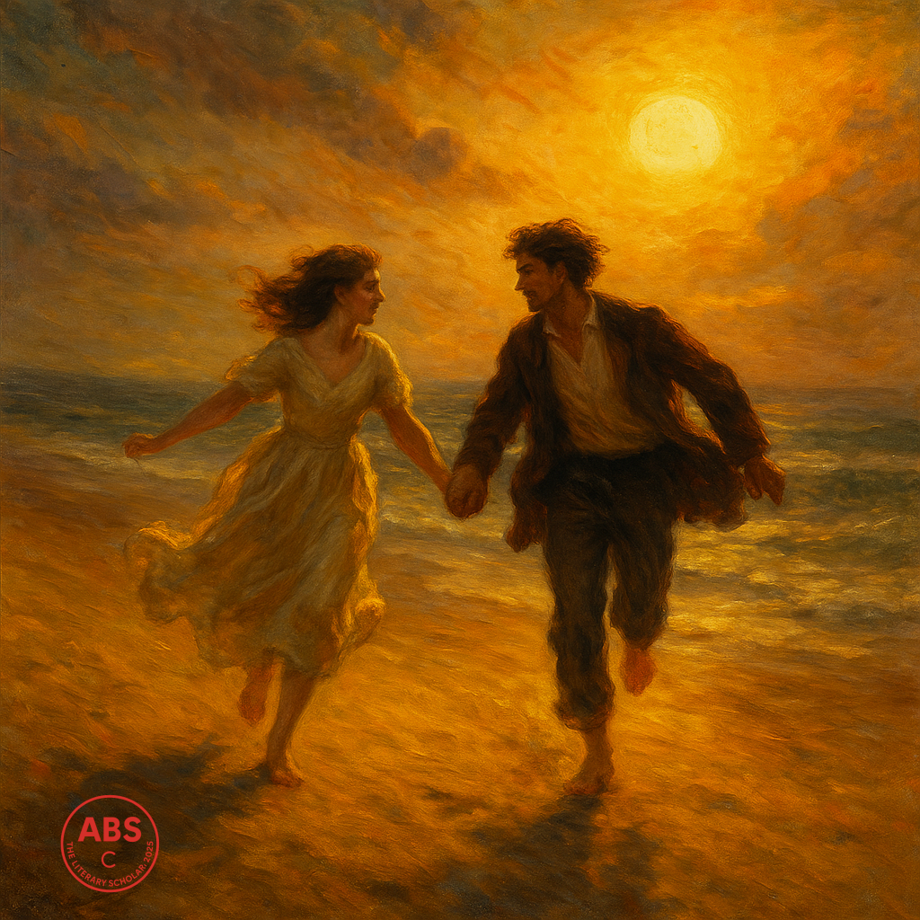 A man and woman run hand-in-hand across a golden beach at sunset
