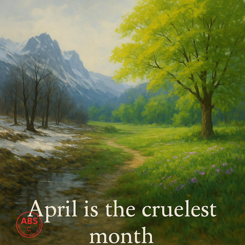 A realistic digital painting showing a stark seasonal contrast—snow-covered mountains and bare trees on one side, and a vibrant spring meadow with blooming flowers and a bright green tree on the other. The text “April is the cruelest month” appears at the bottom.