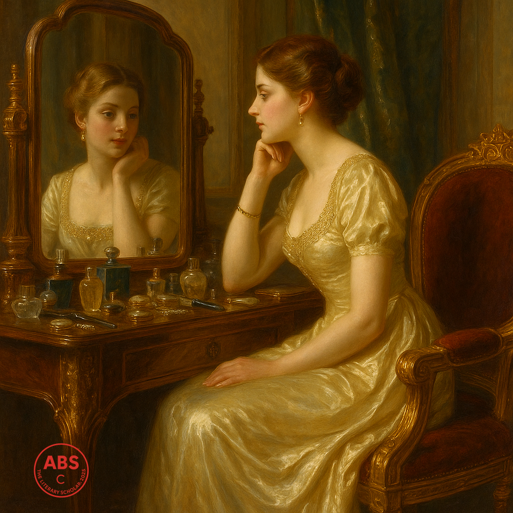 A lavish oil painting of a richly dressed woman seated at an ornate dressing table, surrounded by cosmetics and perfumes, staring into a mirror with a solemn expression; behind her is a throne-like chair with intricate gold detailing.