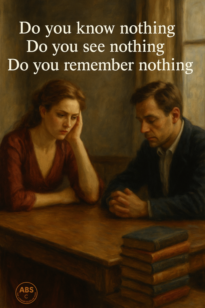 A realistic oil painting of a tense couple sitting at a wooden table, both looking away in silence. The woman, dressed in burgundy, rests her head on her hand, while the man stares downward with clasped hands. Above them, the words “Do you know nothing / Do you see nothing / Do you remember nothing” are written in large text.