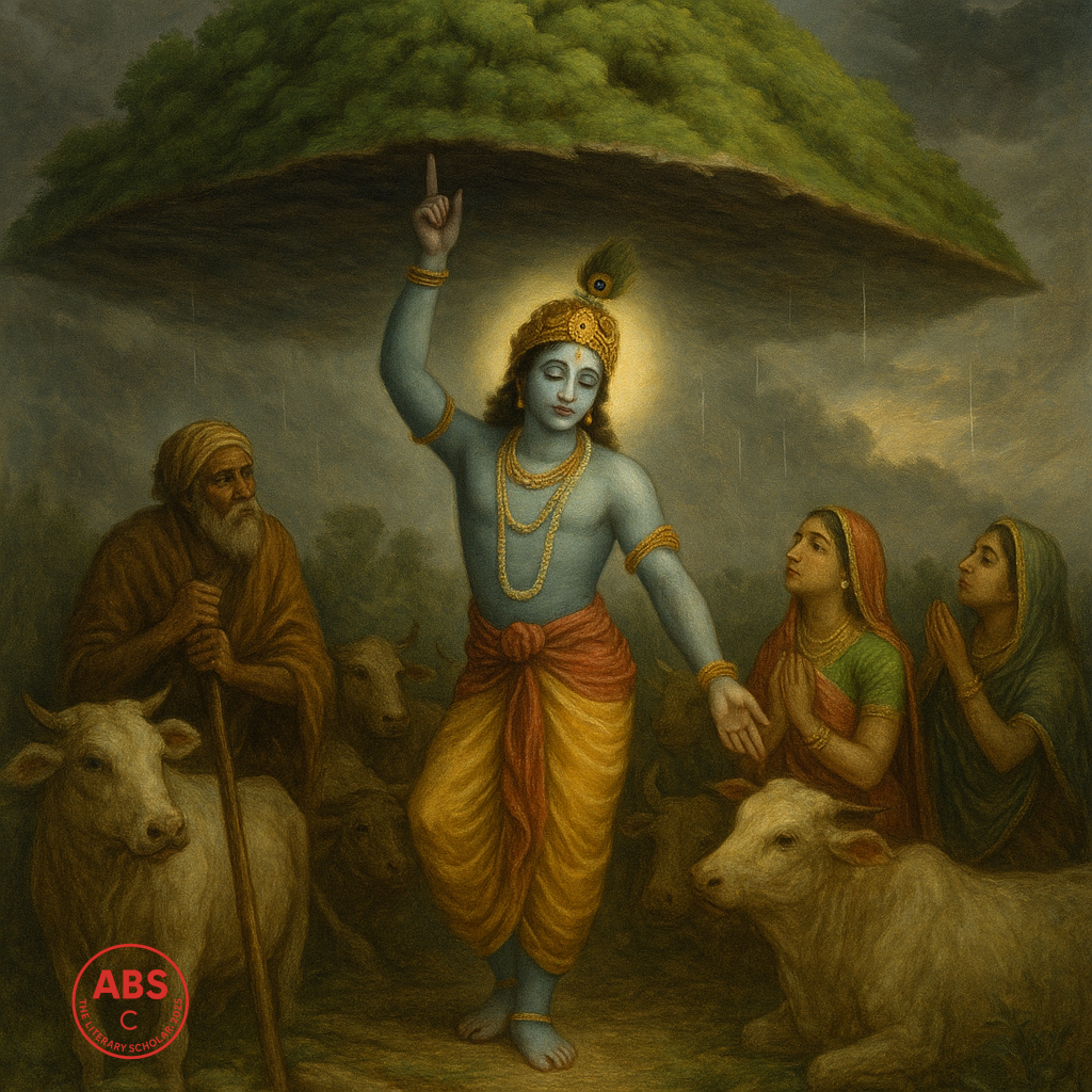 A traditional painting of Lord Krishna lifting Mount Govardhan with one finger, standing barefoot amid storm clouds. Villagers and cattle gather under the mountain’s shelter, gazing up in awe. Krishna is calm, radiant, and graceful, with a golden crown and peacock feather.