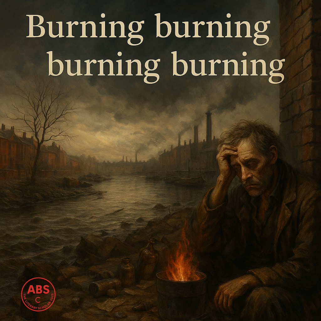A dark, realistic painting of an industrial riverside scene with a tired man sitting beside a small fire in a metal drum, surrounded by debris. Smokestacks line the horizon under a stormy sky, and the words “Burning burning burning burning” appear above in bold lettering.